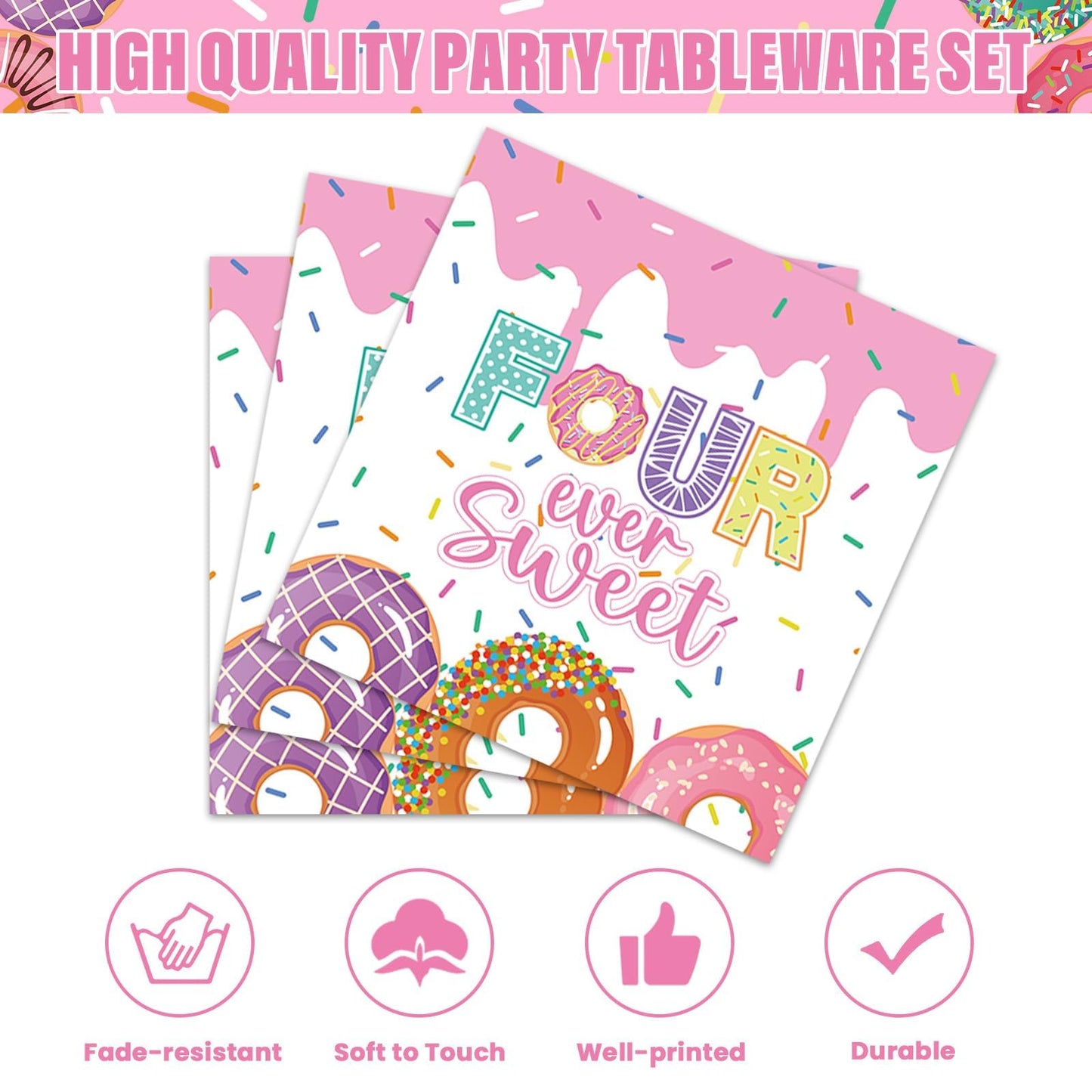96 Pcs 4Th Birthday Donut Party Decoration For 24 Guests Four Sweet Donut Plates Napkins Donut Themed Tableware Set Table Supplies 4Th Birthday Pink Party Favor For Girls Kids Sweet Donut Party