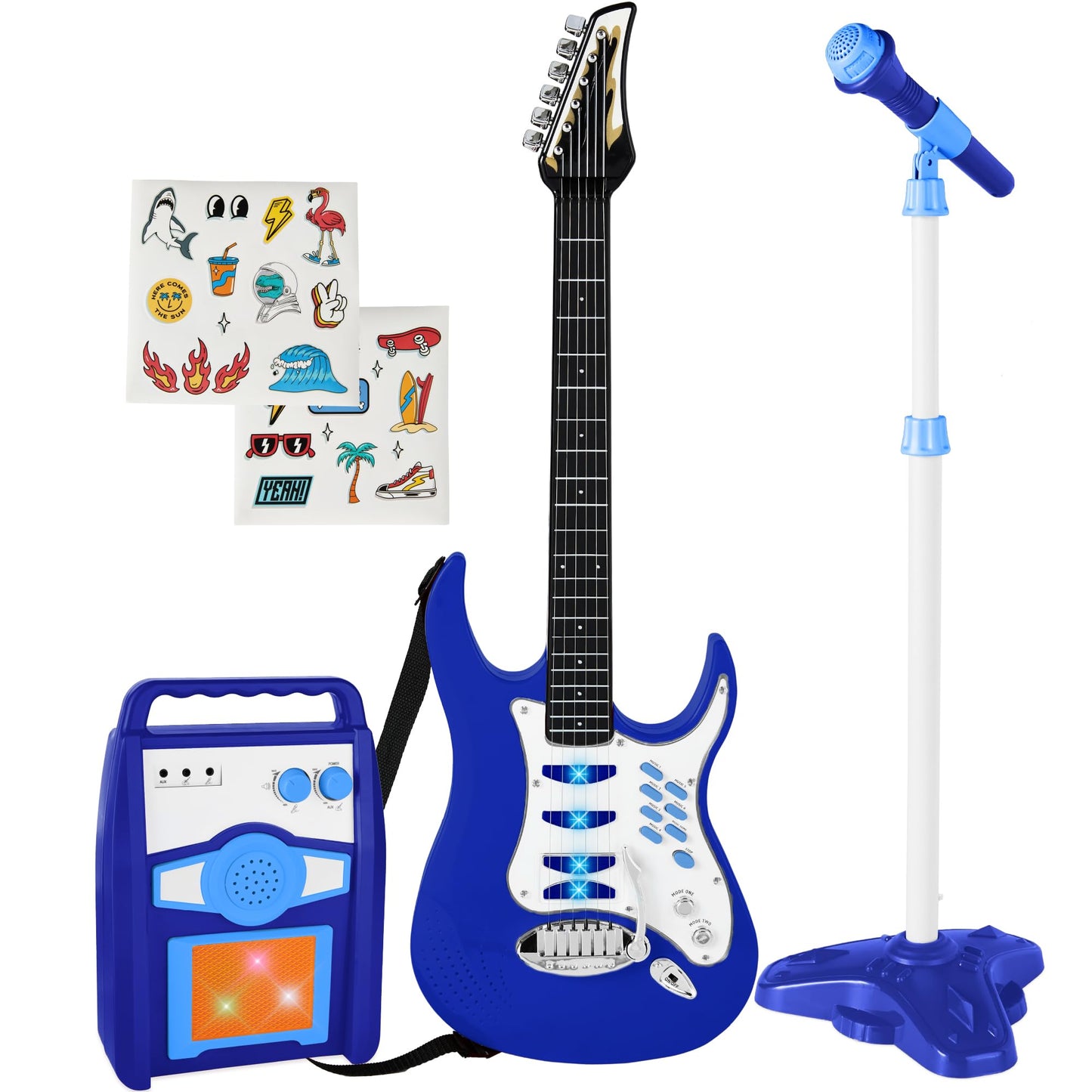 Best Choice Products Kids Electric Musical Guitar Play Set Toy Guitar Starter Kit Bundle w/ 6 Demo Songs Whammy Bar Microphone Amp AUX 2 Sticker Sheets - Blue-New