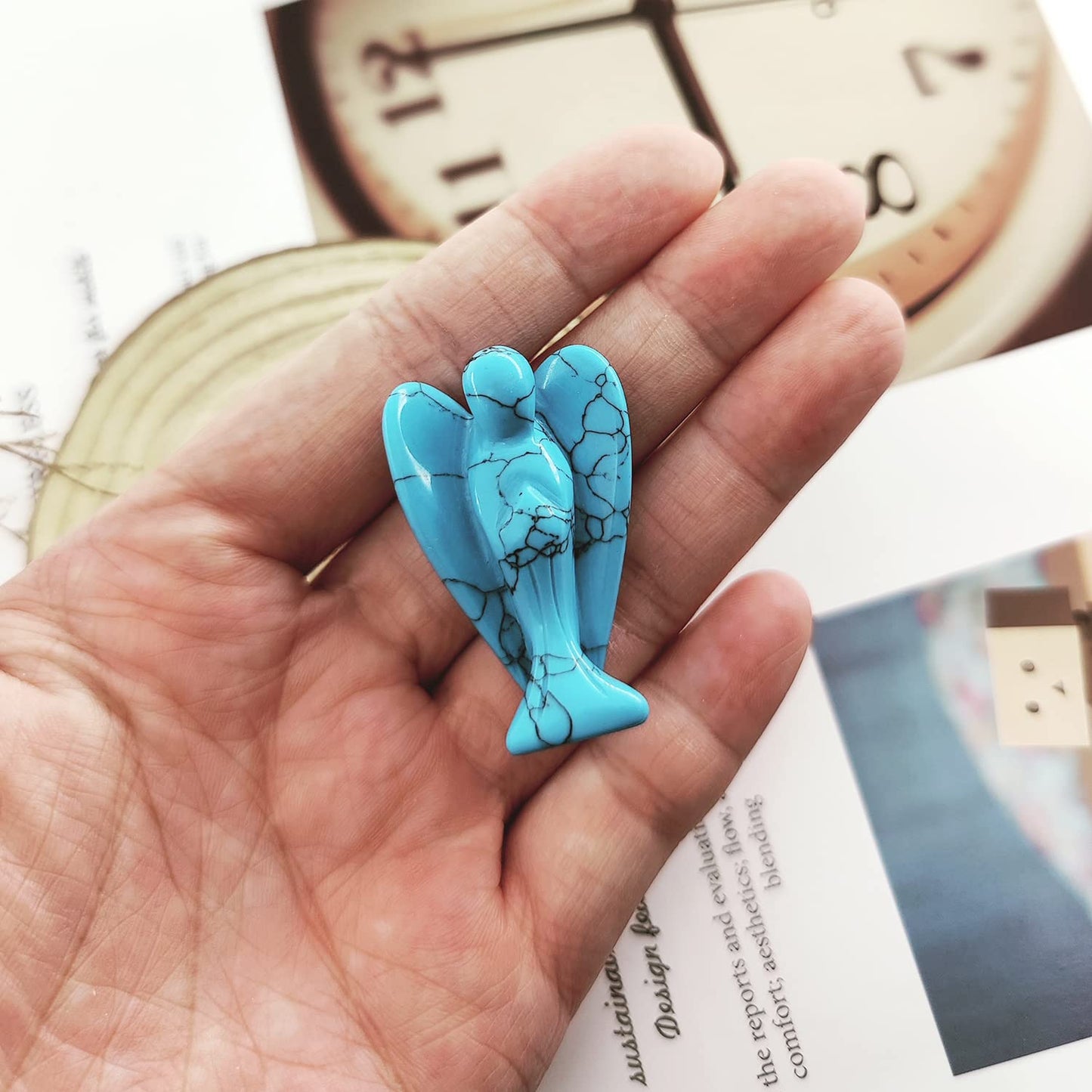 Ouubuuy Blue Turquoise Crystal Angel Figurines Statues Natural Gemstone Carved Pocket Guardian Angel 1.5 inch for Healing Reiki
