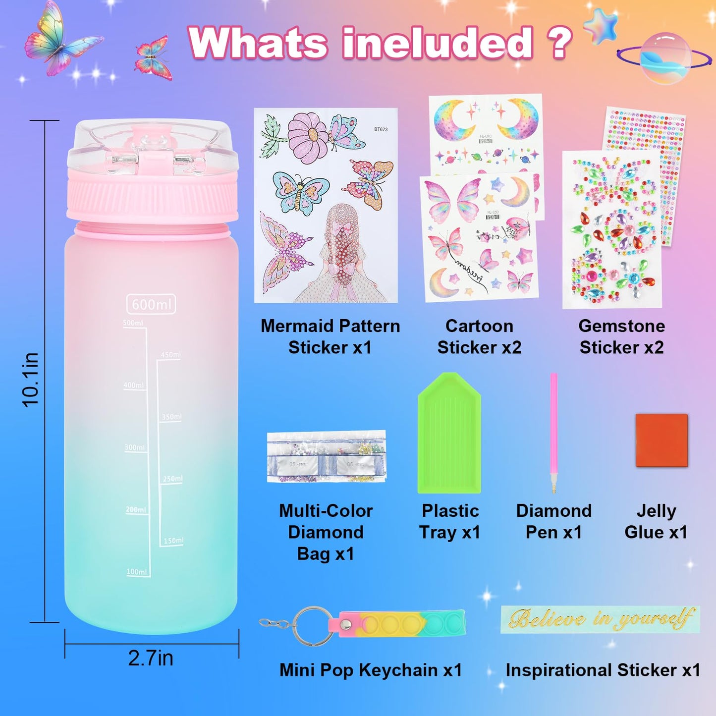 Decorate Your Own Water Bottle Kits For Girls Age 4-13, Butterfly Gem Girls Diamond Painting Crafts, Arts And Crafts Kits Toys Birthday Gifts For 4-12 Year Old Girls Kids (Butterfly 600Ml)