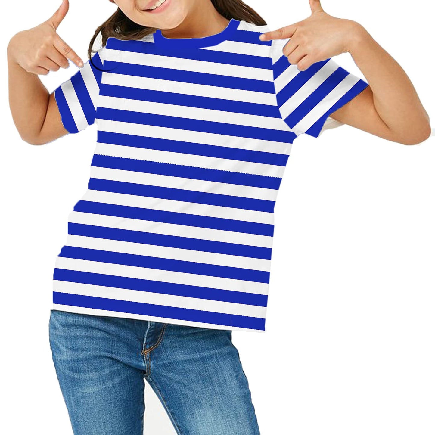 Halloween Kids Sailor Costume Shirt Short Sleeve Blue White Striped Girls Boys Summer Tee Top 7-8 Years