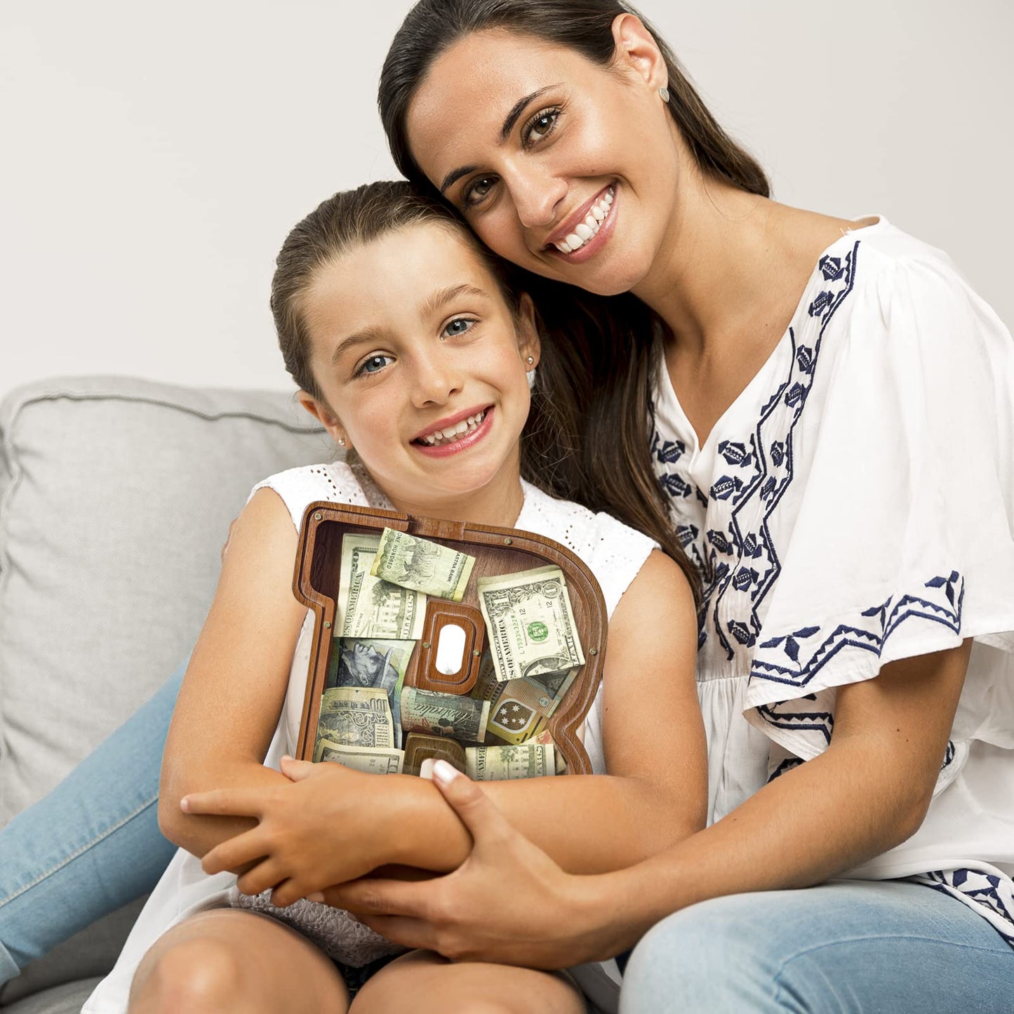 Customized Name Large Wooden Piggy Bank For Kids Boys Girls Alphabets Letter A-Z Coins Bills Money Change Bank Box Initial On Clear Cover (Laser Engraved) (Alphabet-D, Initial-12)