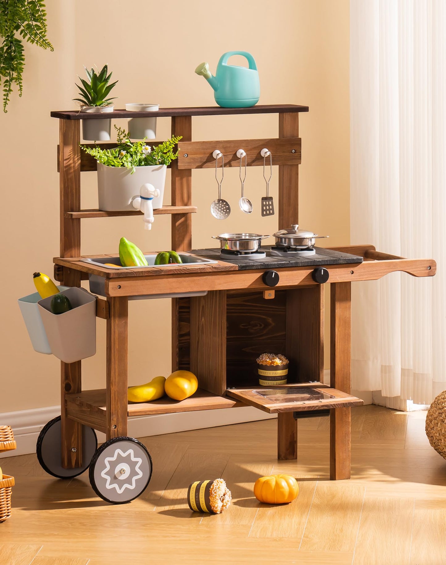 Robud Mud Kitchen For Kids Outdoor With Wheels, Wooden Outdoor Play Kitchen, Kids Mud Kitchen With Removable Sink & Faucet, Mont