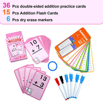 Limque 1-12 Math Flash Cards With 6 Dry Erase Pens, 15Pcs Big Addition Flash Cards + 36 Pcs Random Double-Sided Addition Practic