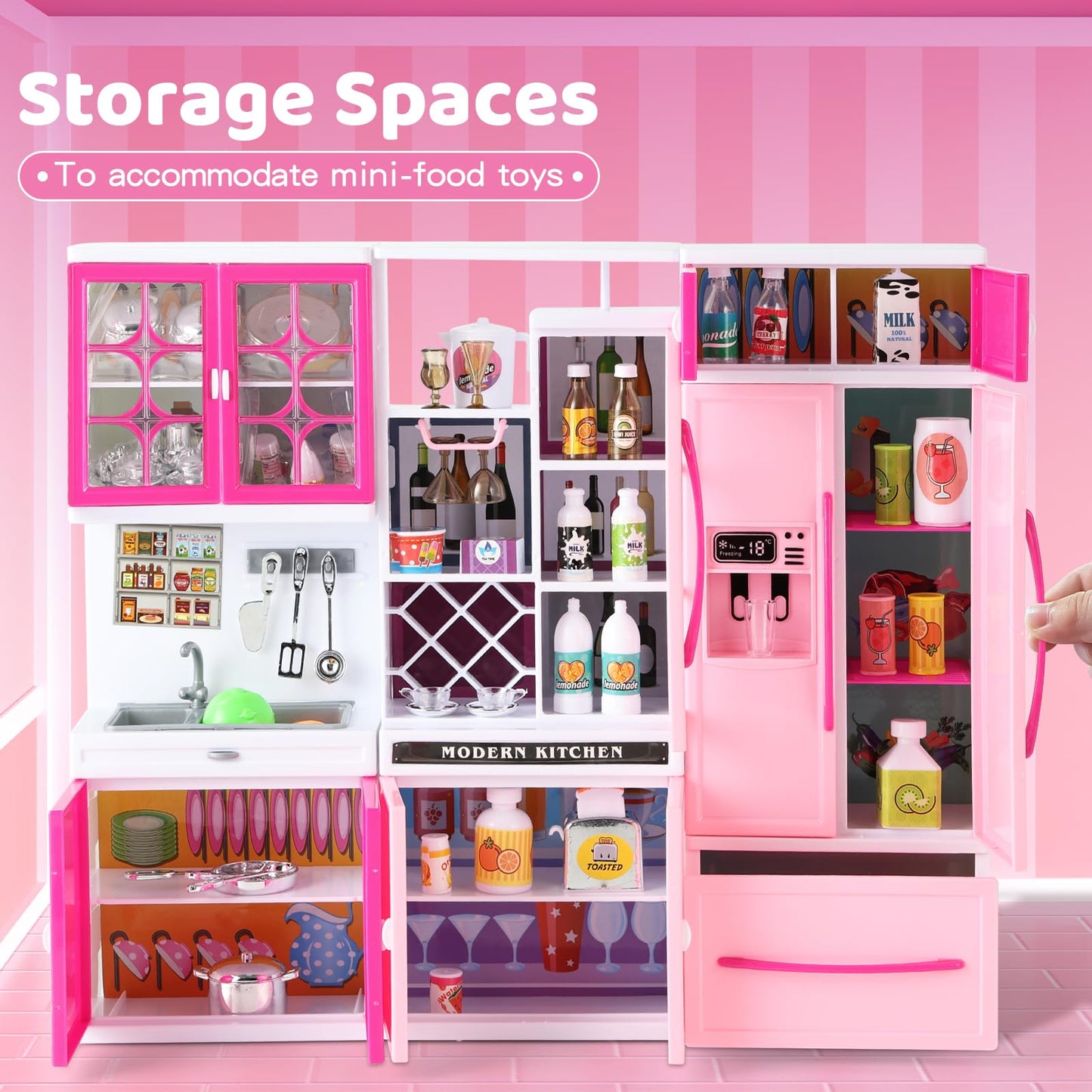 Socbtnso 64 Pcs Pink Kitchen Toys With Lights Sounds|Mini Kitchen House Furniture Sets For Kids Ages 4-8|Doll Playset Toys For T