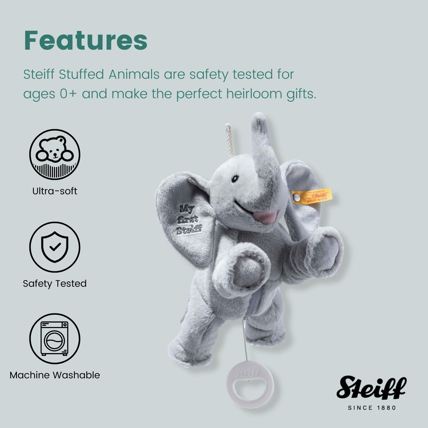 Steiff Ellie Elephant Musical Pull Toy 10 Inch Light Grey, Peaceful Lullaby, Plush Elefant, Cuddly Soft Plush, Machine Washable