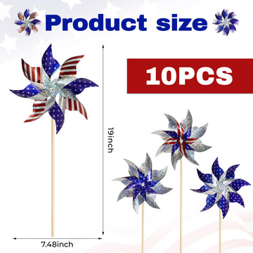 HOOSUN 10 Pcs American Flag Patriotic Pinwheels Fourth of July Decor Outdoor, Garden Wind Spinners Patriotic Decor Independence
