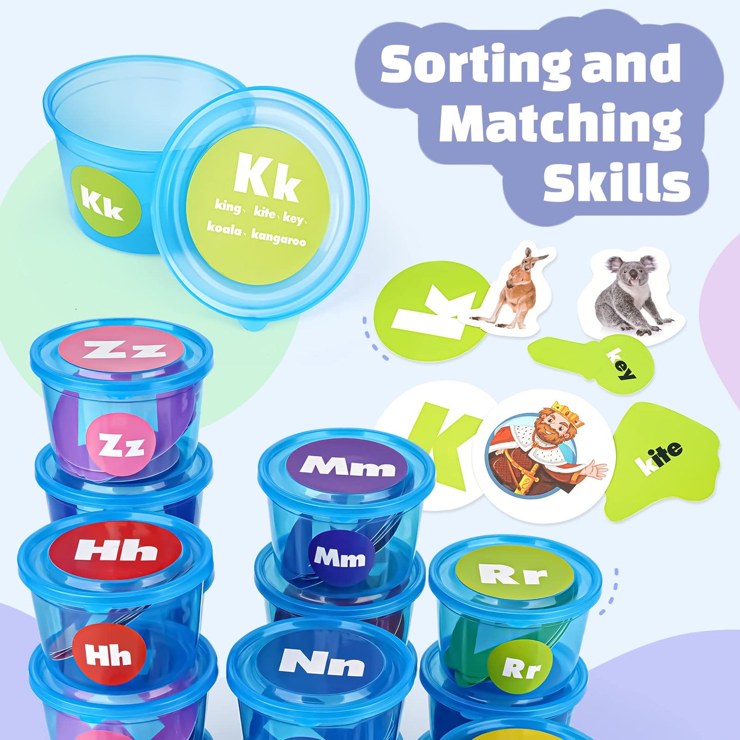 Joyreal Alphabet Learning Toys For Toddlers - 26 Alphabet Soup Sorters With 245 Flash Cards For Early Letter Awareness & Recognition - Fun Education Classroom Supplies Alphabet Sounds Teaching Games