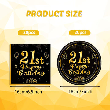 40 Pcs 21St Birthday Decorations Happy Birthday Decorations 21 Years Tableware Table Decorations Black Gold 21St Birthday Plates