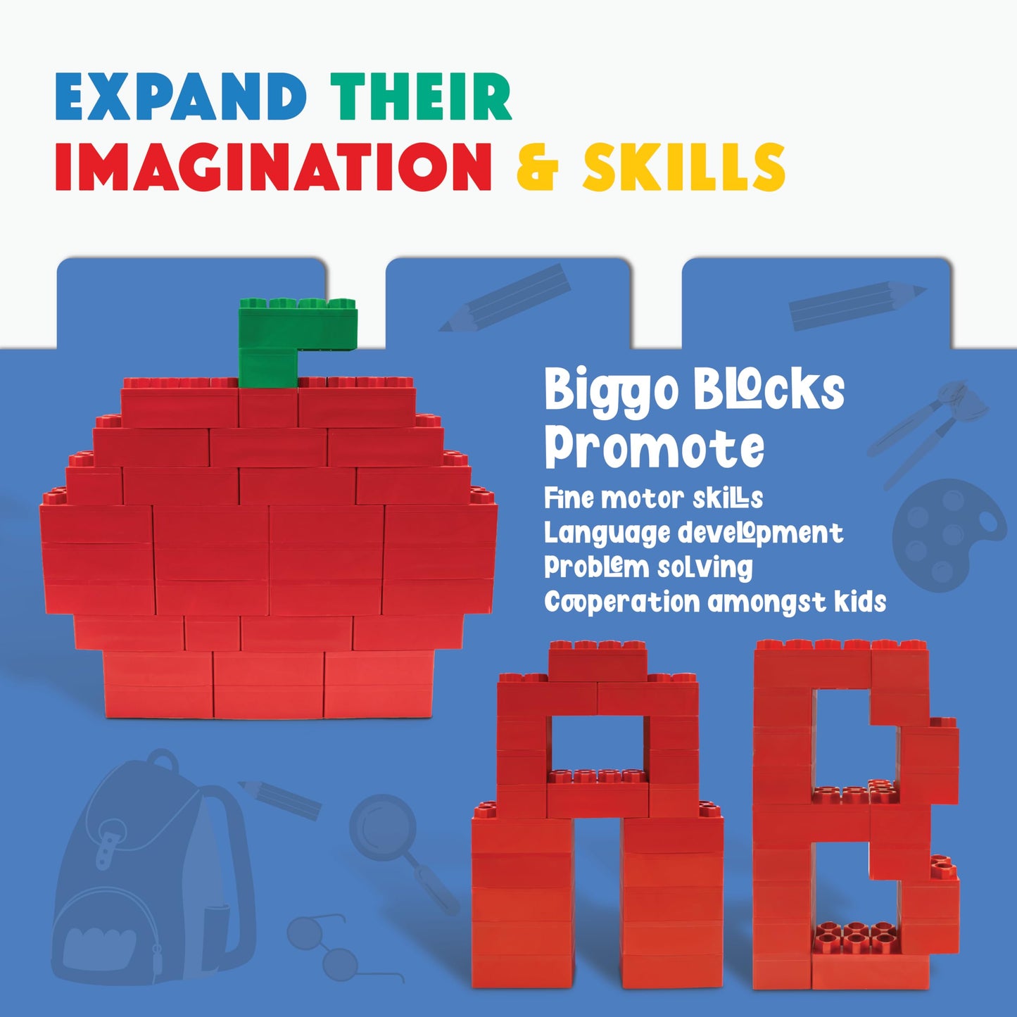 Big Blocks For Kids Ages 4-8 - Indoor & Outdoor Blocks Kids Games - Red Large Building Blocks - 48 Pc