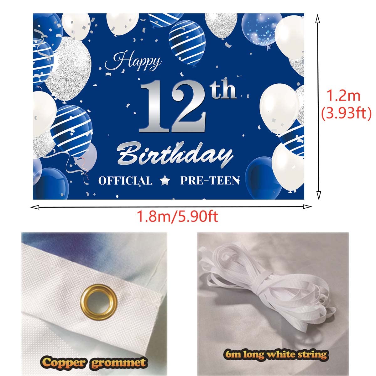 12Th Birthday Backdrop Banner, Navy Blue Silver Official Pre-Teen 12Th Birthday Photography Background, 12 Years Old Boys Birthd