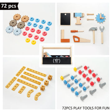 Pairpear Wooden Kids Tool Bench, Toddler Workbench With 71 Pcs Tool Set, Wooden Toy Play Worshop Toolbox With Drill, Hammer, And