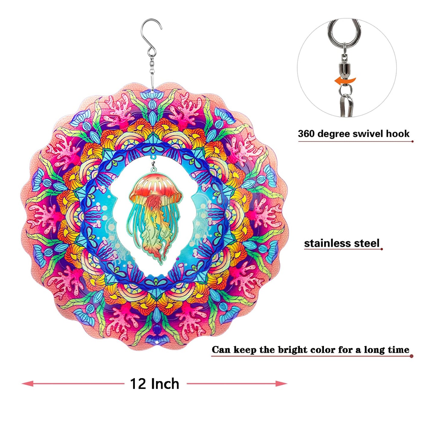 Dinoneyi Wind Spinner Outdoor Metal Jellyfish 12Inch 3D Stainless Steel Garden Sculpture 3D Wind Spinner Hanging Yard Garden Dec
