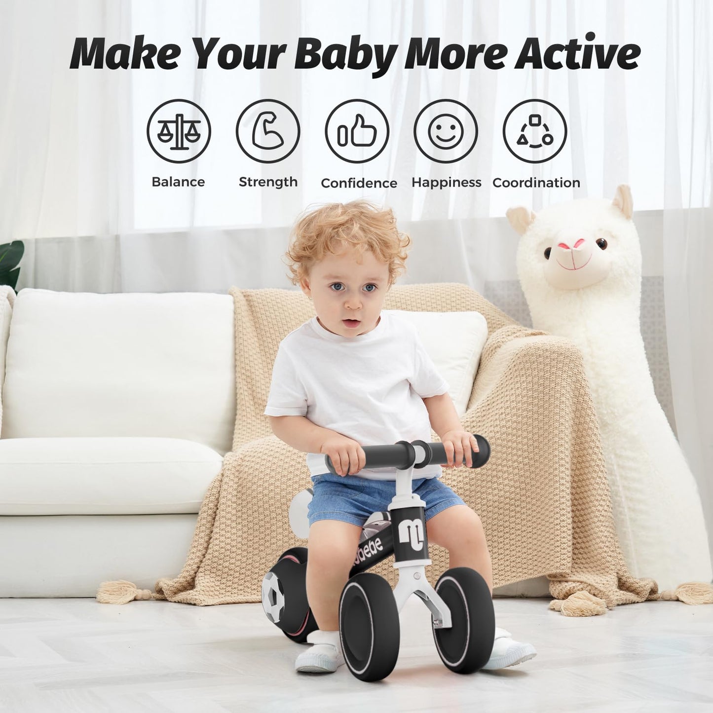 Allobebe Baby Balance Bike, Cute Toddler Bikes 12-36 Months Gifts For 1 Year Old Girl Bike To Train Baby From Standing To Running With Adjustable Seat Silent & Soft 3 Wheels (Black)