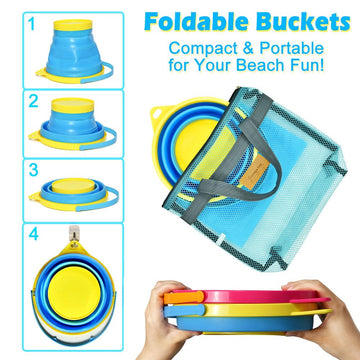Aclarastra Collapsible Beach Sand Toys for Kids - Travel Beach Toys with 2 Collapsible Beach Buckets, Mesh Bags, Sand Molds, San