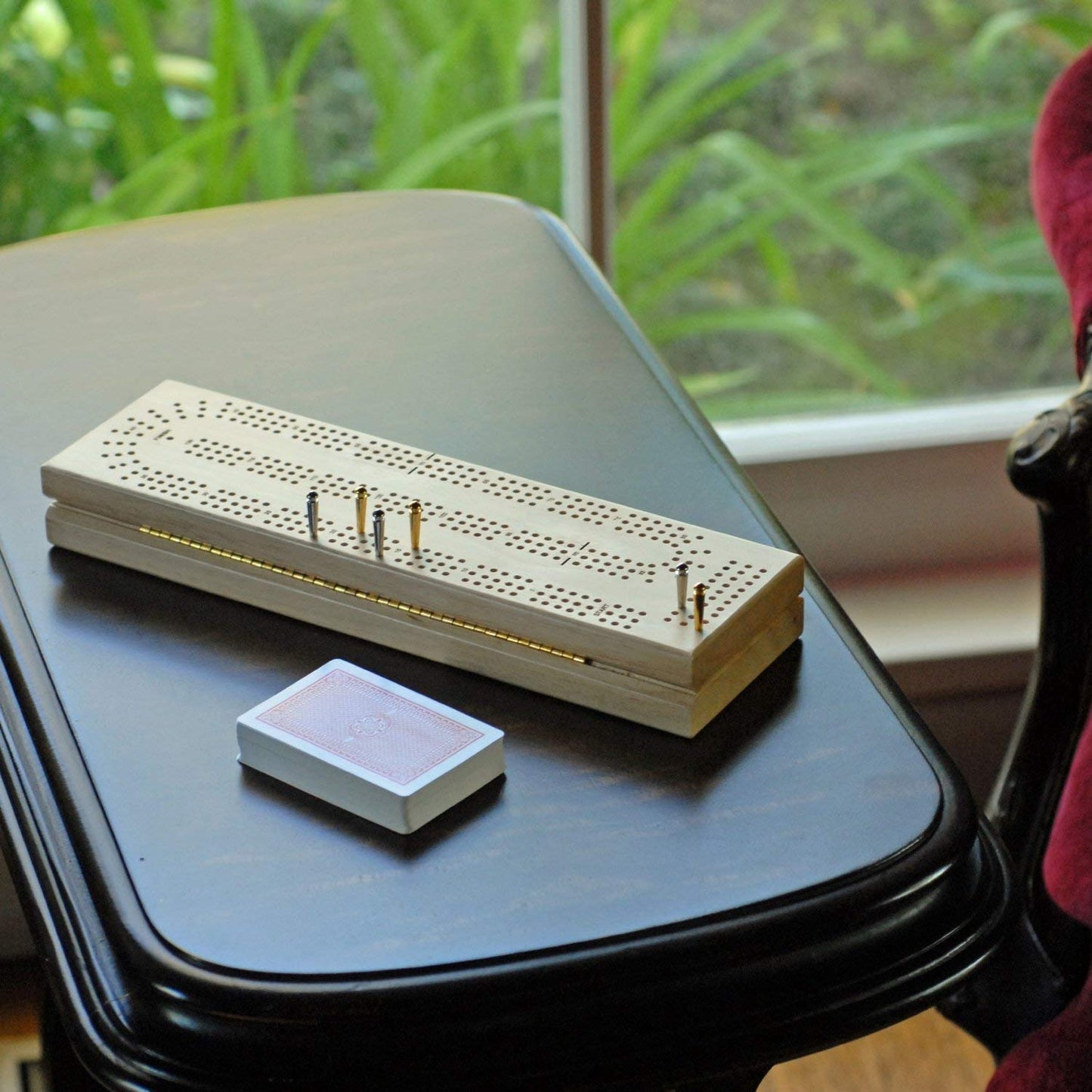 We Games Cribbage Board With Pegs - Cribbage Set Of Playing Cards & 9 Metal Pegs - Fun Family Game Night - Travel Cribbage Board, Walnut Stained