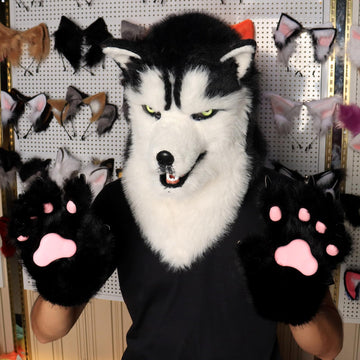 Hbbhml Animal Dog Head Mask Novelty Plush Tail Claw Paw Mittens Gloves Set Halloween Party Masquerade Costume Cosplay Husky