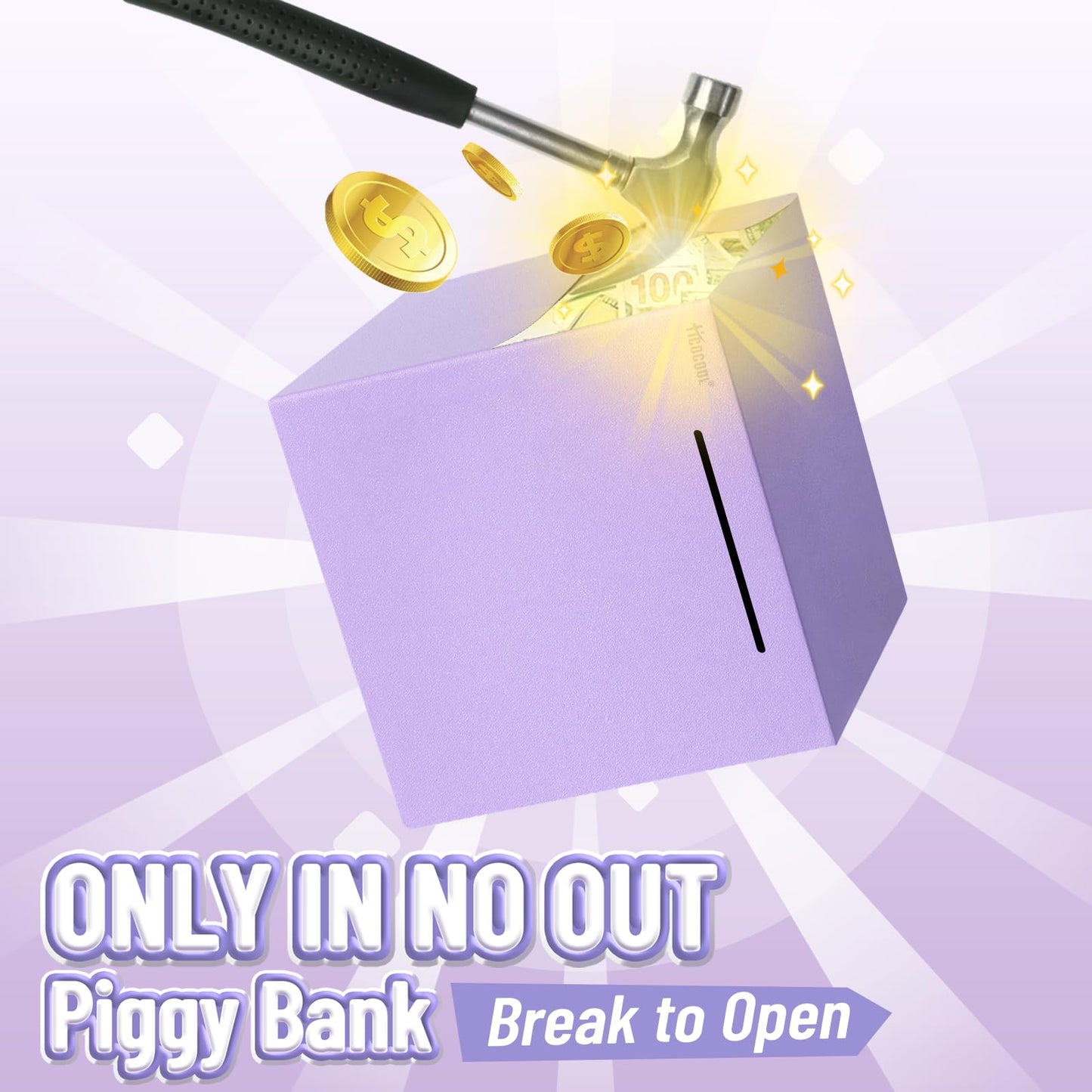 Hicocool Piggy Bank For Adults Must Break To Open, Stainless Steel Money Saving Box (Purple, 7.9 Inch)