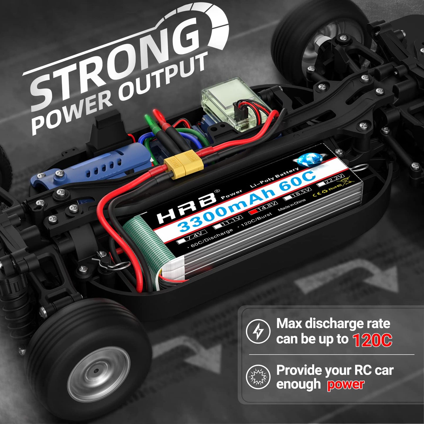 HRB 2 Packs 4S 3300mAh 14.8V Lipo RC Battery 60C with XT60 Plug for RC Airplane, Helicopter, Car, Truck,