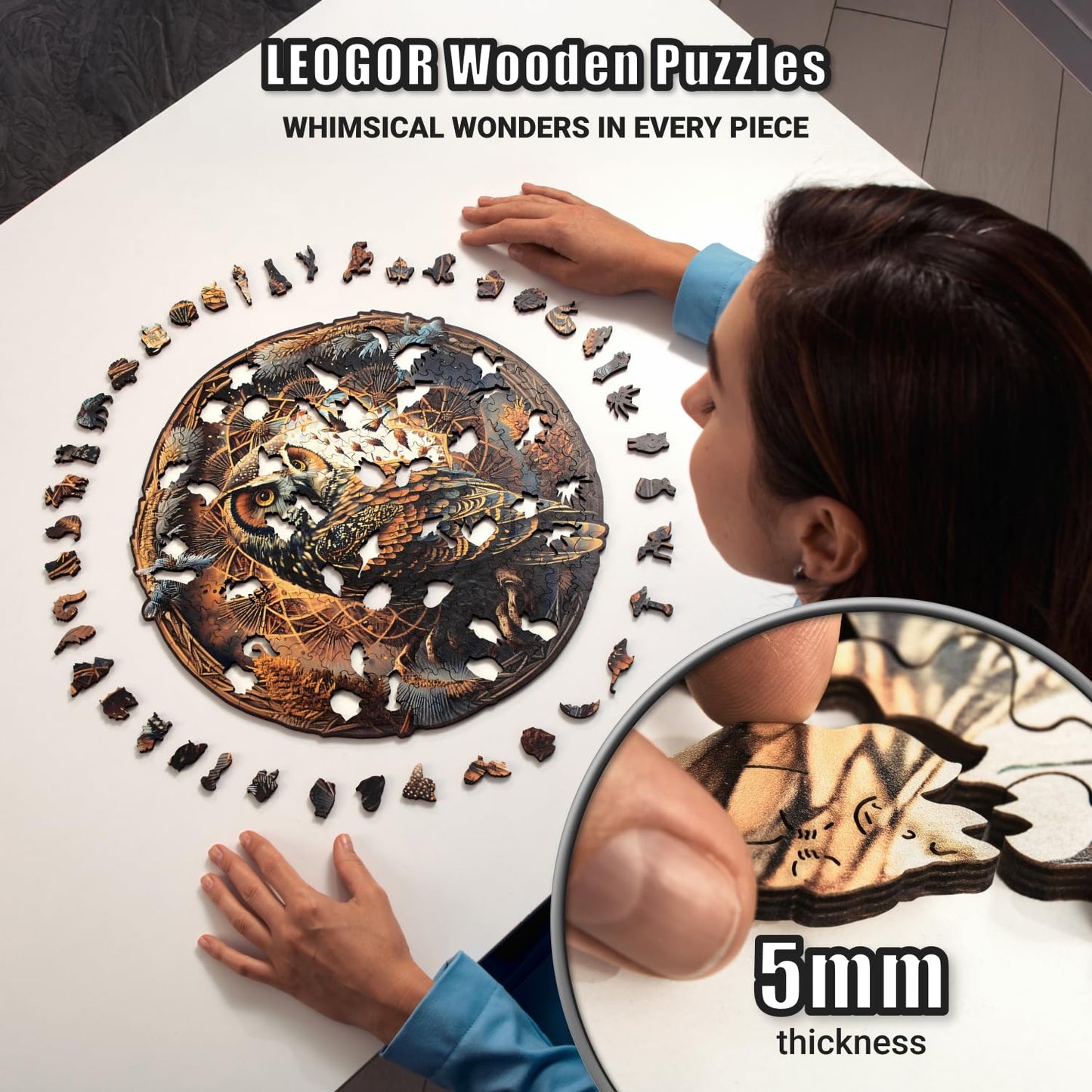Leogor Large Wood Puzzles Adult Jigsaw - Exquisite Wooden Owl Puzzles For Adults 350 Piece, Unique Animal-Shaped Creative Colorful Mosaic, Challenging Design, 15'' X 14.8''