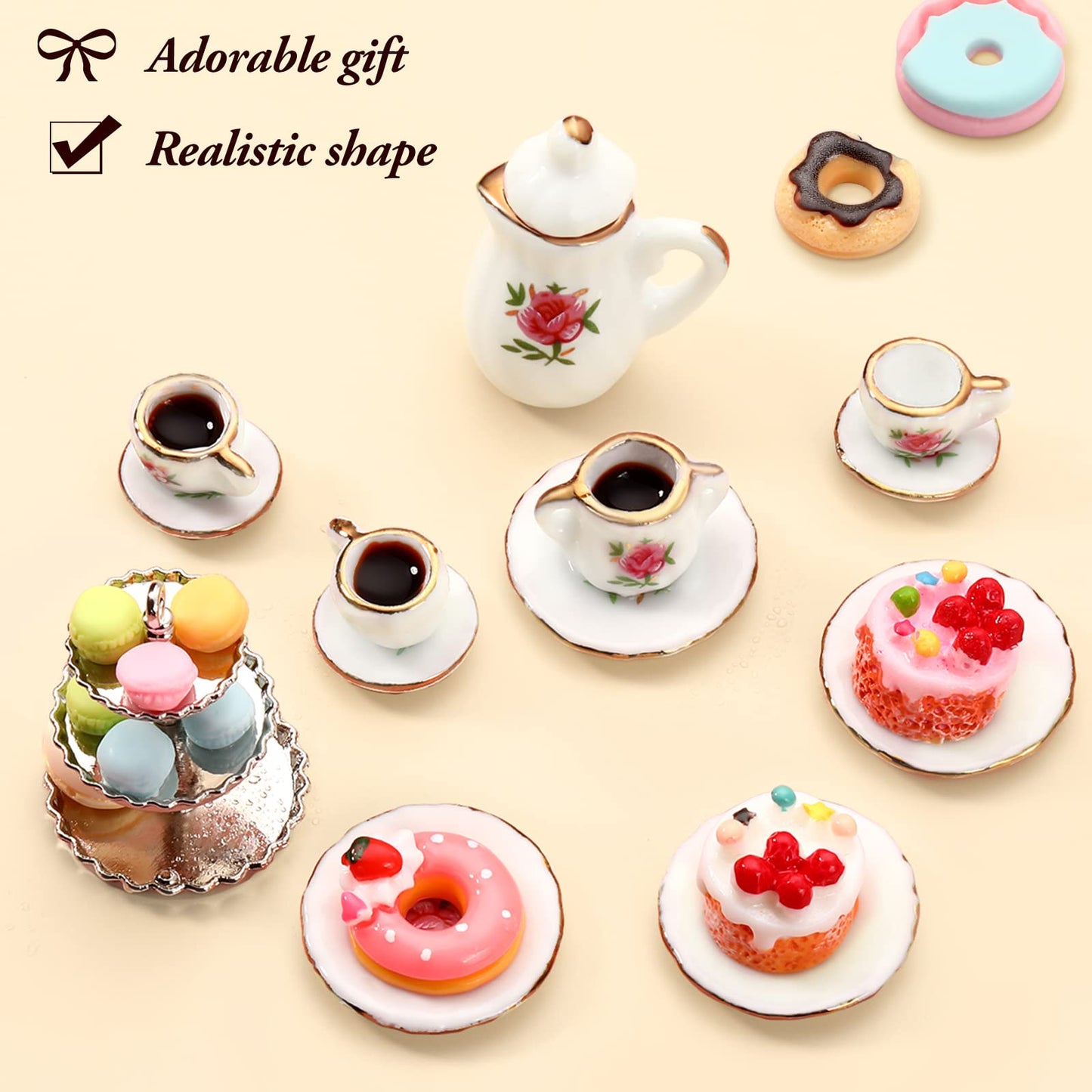 40 Pcs 1:12 Scale Dollhouse Miniature Kitchen Accessories Set Includes 15 Flower Pattern Porcelain Tea Cup 24 Mixed Pretend Cake Foods 1 Mini Three-Tier Cake Stand For Decor Supply (Sweet Style)