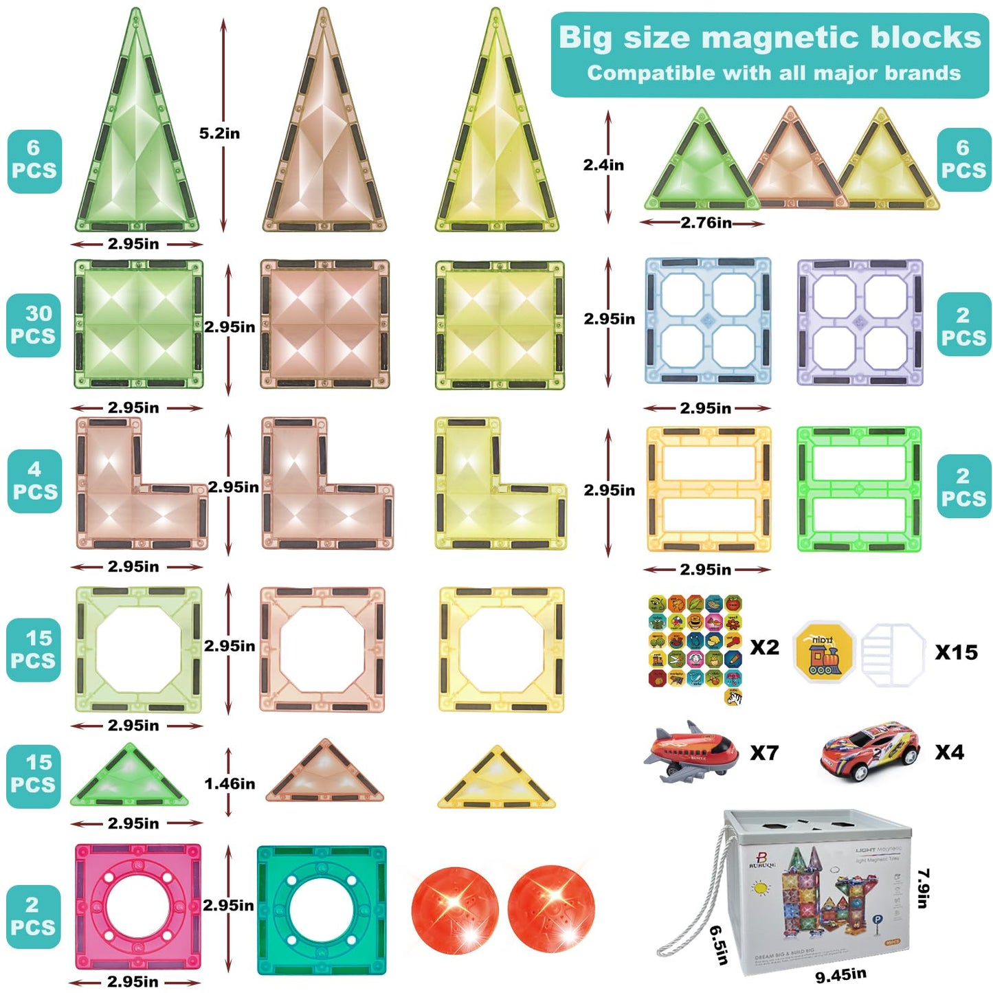 Bubuqe Magnetic Tiles Diamond Series With Lights 4 Pull-Back Metal Cars&7 Airplanes Magnet Tiles Building Block Toy For Kids Edu