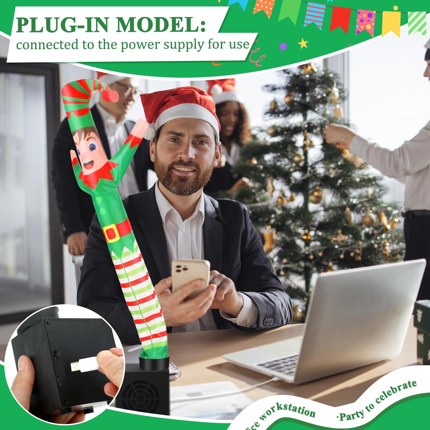 Poen 3 Pcs Winter Mini Inflatable Tube Man Gift Wacky Waving Inflatable Tube Guy With Blower Desktop Mini Dancer Tubes Man Gift For Winter Man Women Birthday Party Decoration(Elf)