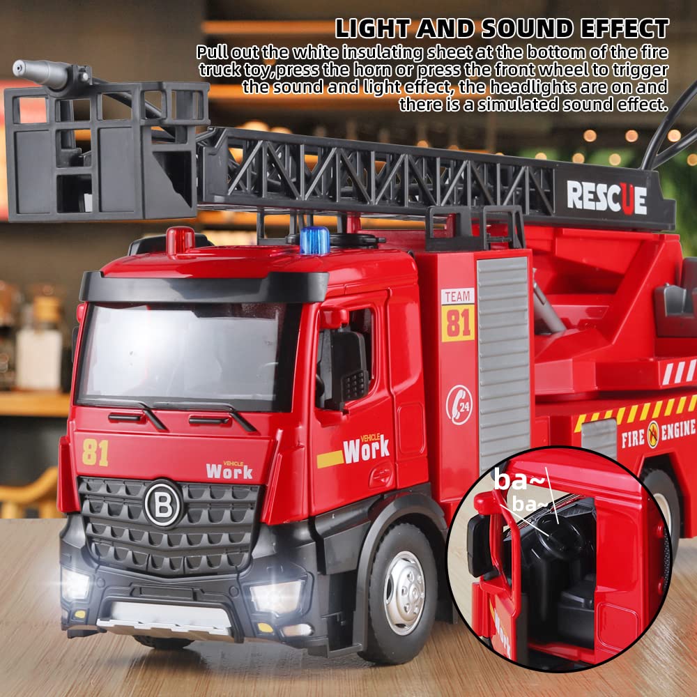 OANMYJJO Boy Fire Truck Toy - Metal DieCast Fire Truck Model with Water-Spraying, Simulated Sound and Light, Retractable Rescue