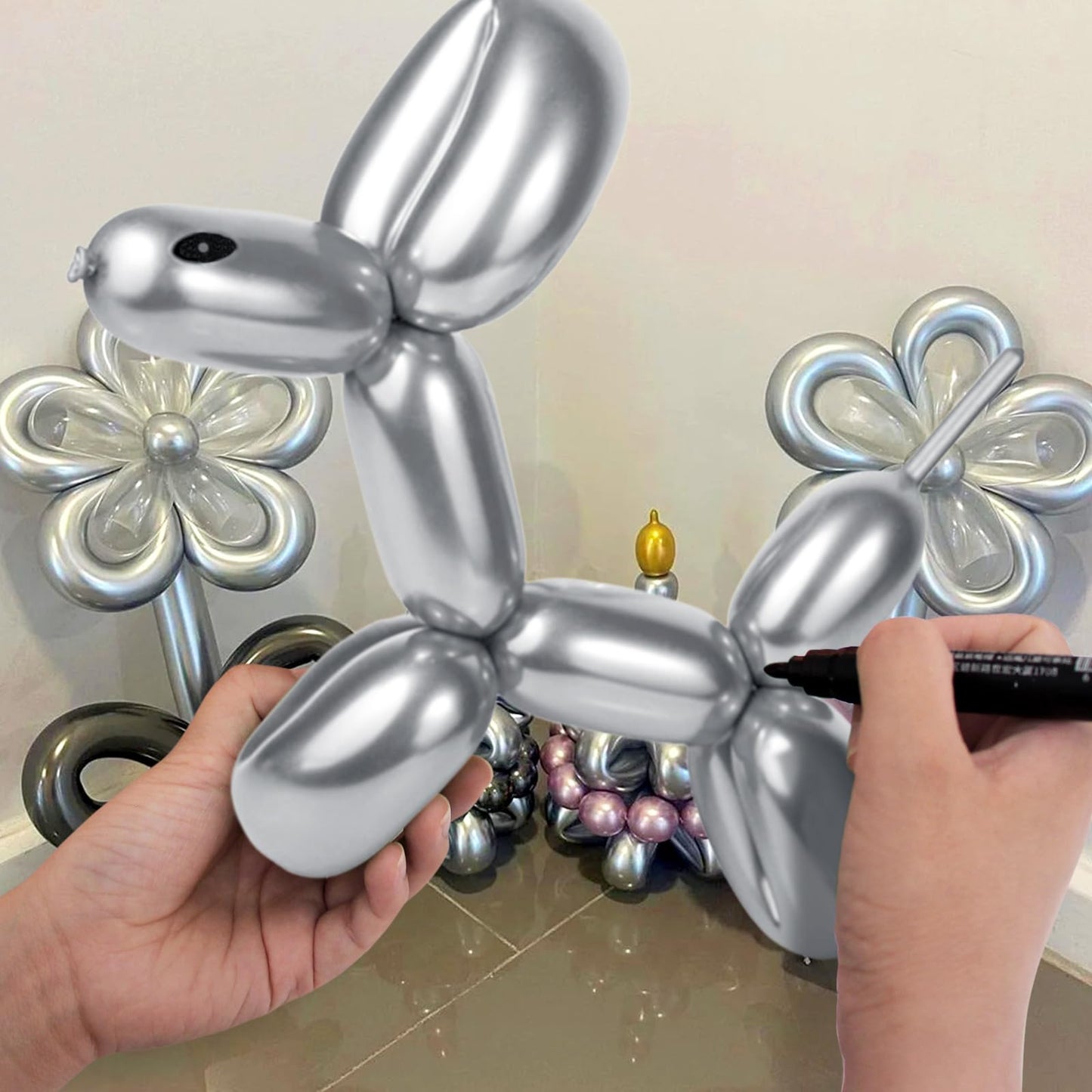 100Pcs 260 Balloons Metallic Silver Long Balloons For Balloon Animals, Silver Skinny Latex Twisting Balloon For Animals Modeling