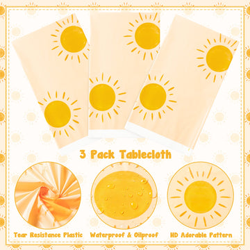 G1Ngtar 3Pcs Boho Sun Birthday Party Tablecloths Boho Hippie Sunshine Disposable Plastic Waterproof Rectangular Table Covers Fir