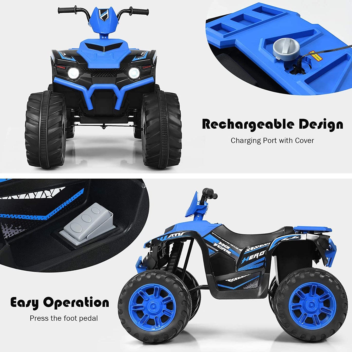 Olakids 12V Kids Ride On ATV - Battery Powered Electric Quad Toy Car, Blue, 42" x 25.5" x 29", LED Lights, Music, Soft Start