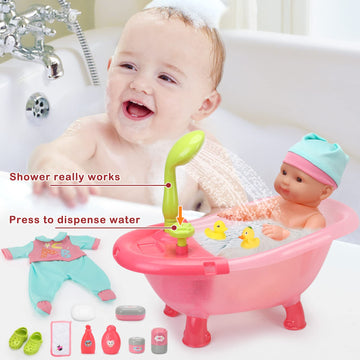 deAO Baby Doll Set, 25 PCS Accessories, High Chair & Crib, 14" Dolls, Pink, Model KB6008