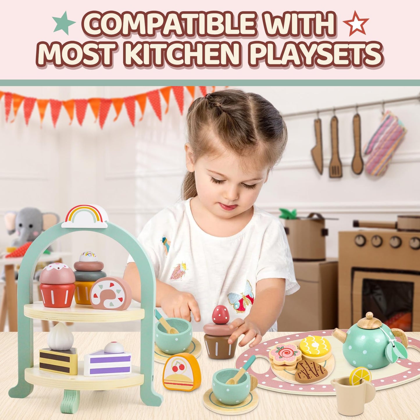 Wooden Cake Toys Tea Party Set, Desserts Food Toy with Cupcake Stand, Kids Pretend Play Kitchen Accessories, Wooden Play Food Se
