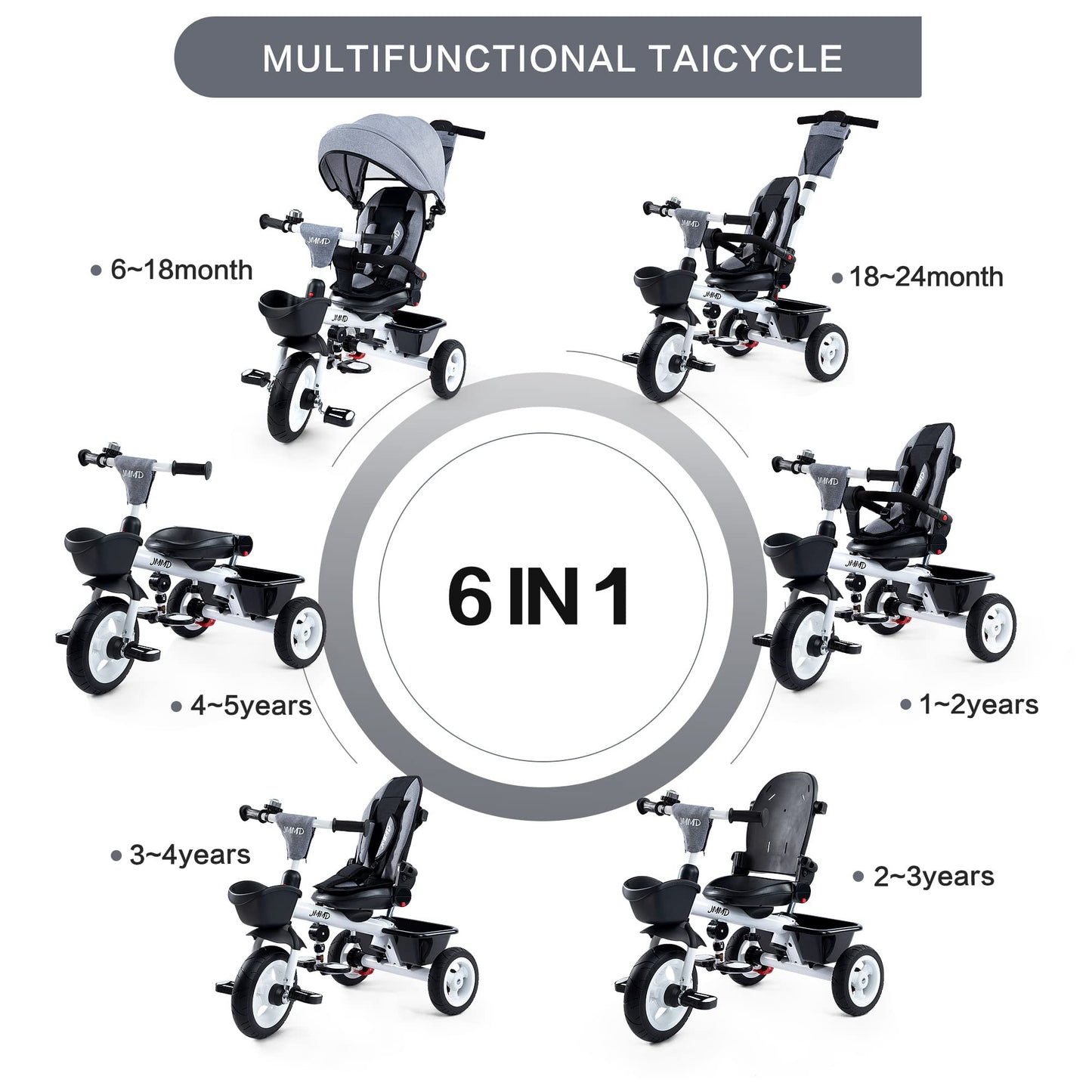 JMMD Baby Trike, 6-in-1 Kids Tricycle with Adjustable Push Handle, Removable Canopy, Safety Harness for 18 Months - 5 Year Old,