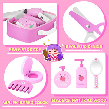GAGAKU Wooden Makeup Toy Set Pretend Wood Beauty Hair Salon Toys for Toddler Wooden Makeup Kit for Girls with Styling Tools Chri