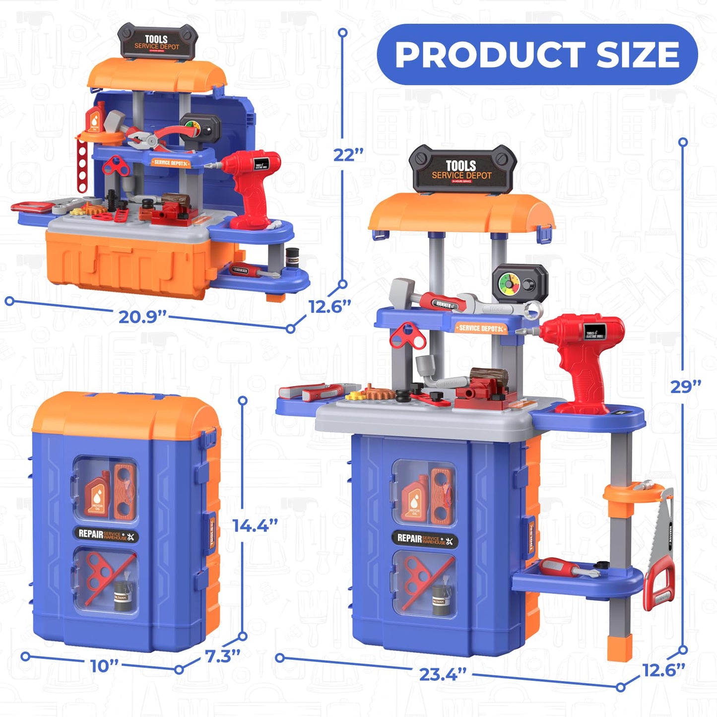 FunMission Kids Tool Bench Set 3 in 1, Toddler Tool Set, Kids Workbench with Realistic Toy Tool Box & Electronic Toy Drill, Tran
