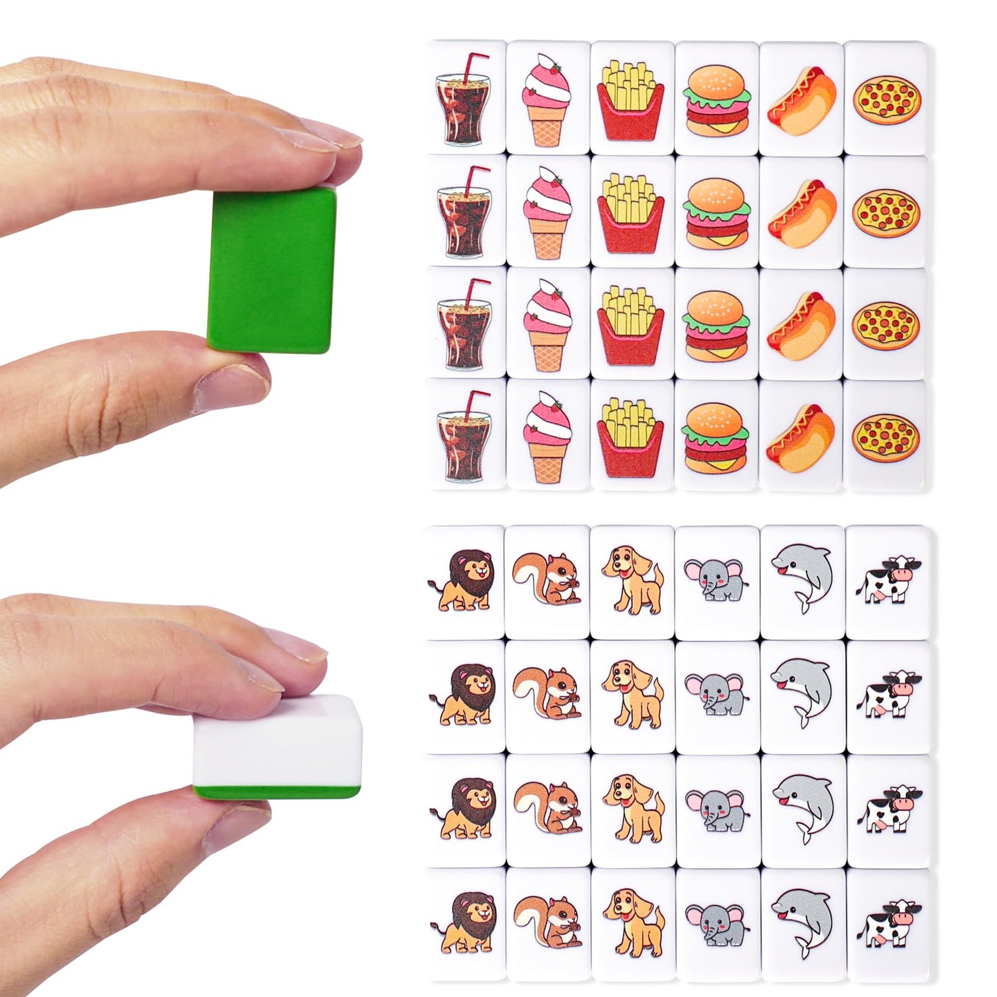 Gracias 2 Players Mahjong Block Set, Mahjong Tile Game With 49 Premium Green Tiles(30Mm) Animal And Food Pattern, Portable Mahjo