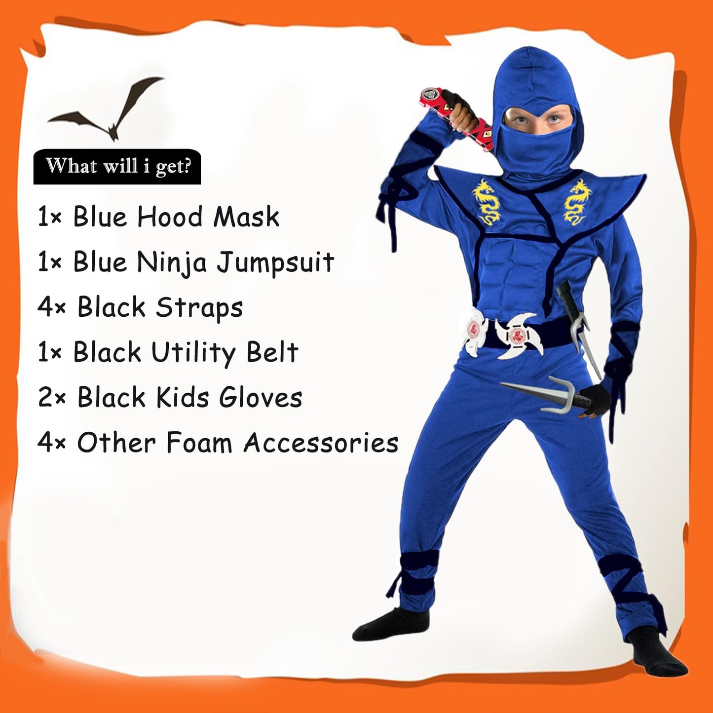 Satkull Blue Ninja Costume For Kids Ninja Deluxe Costumes Set With Ninjas Accessories For Boy Dress Up(Kids-S-4T/5T Blue)