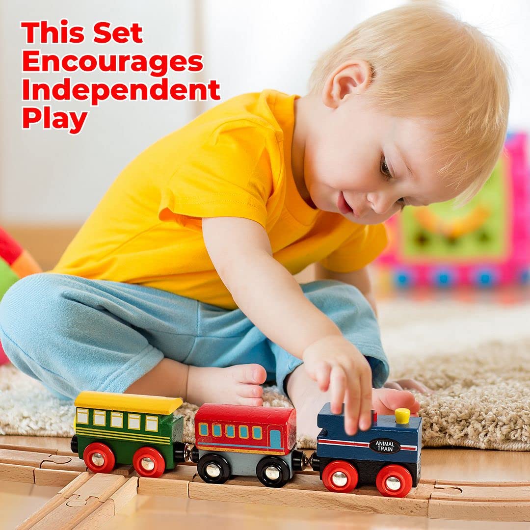 On Track Usa Wooden Train Set 35 Piece All In One Wooden Toy Train Tracks Set With Magnetic Trains And Railway Accessories, Come