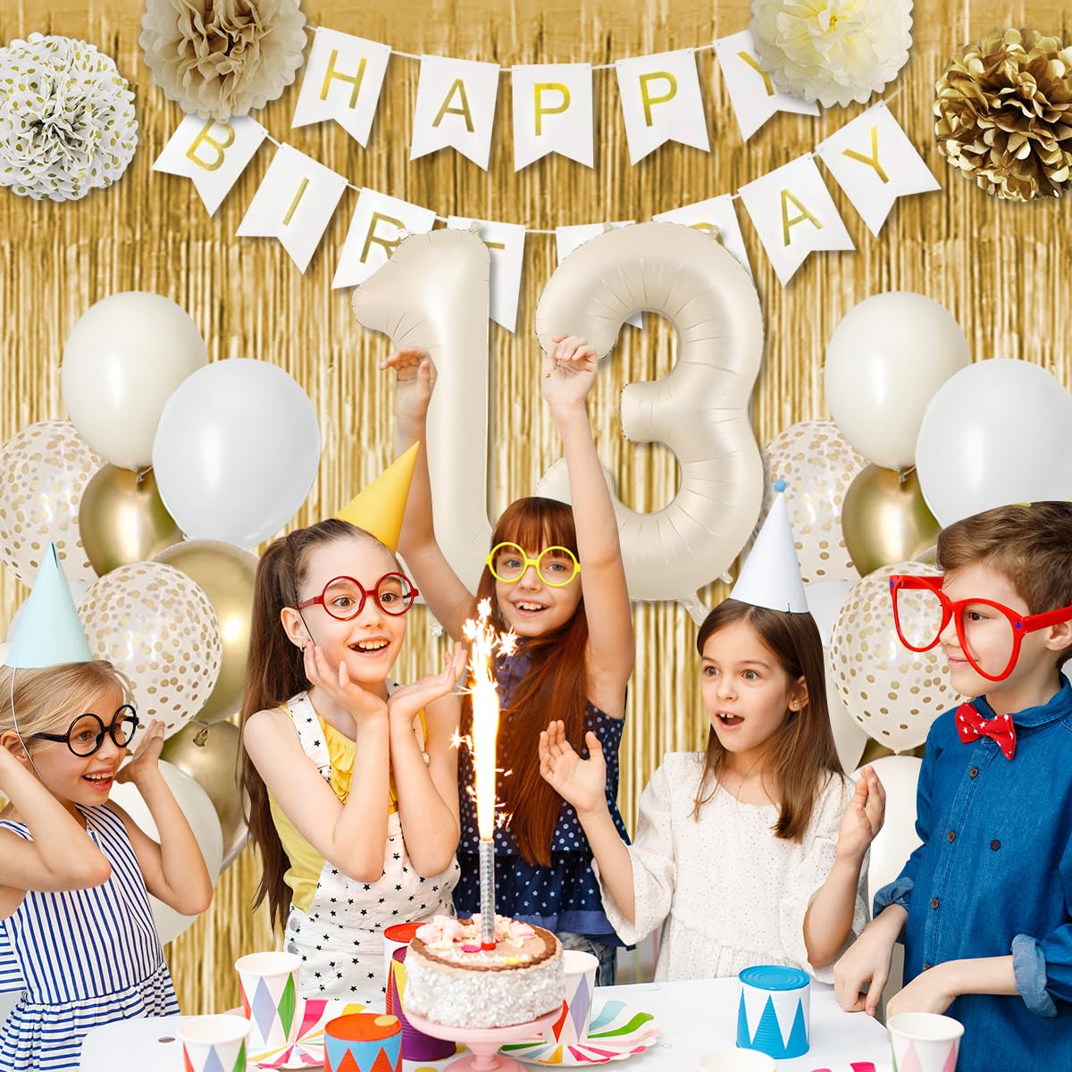 13Th Birthday Decorations For Girls, Gold Official Teenager Decorations White And Gold Balloons Happy Birthday Banner Tablecloth