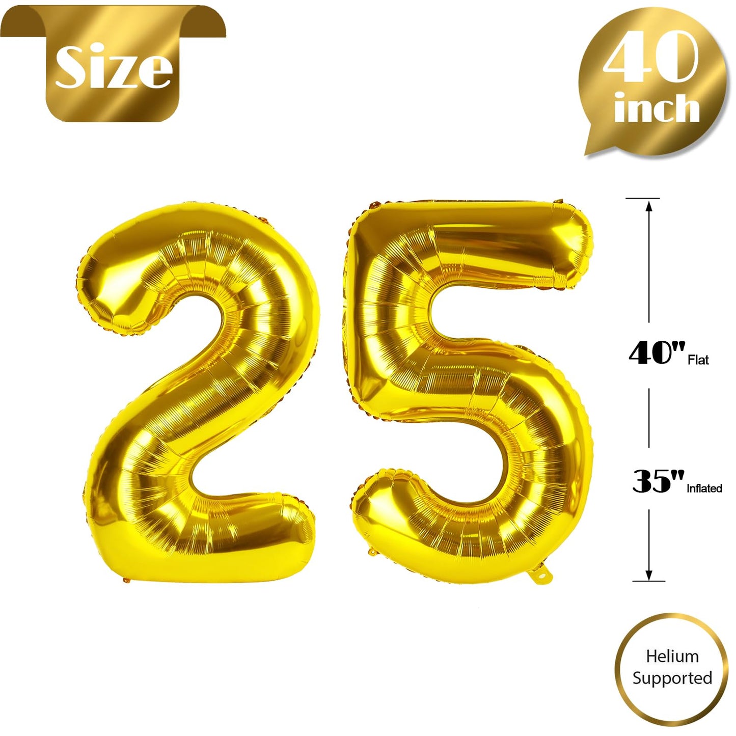 IWERP Gold Mylar Foil 25 Balloon - 40 Inch Number 25th Birthday Decorations for Men and Women, 25th Anniversary