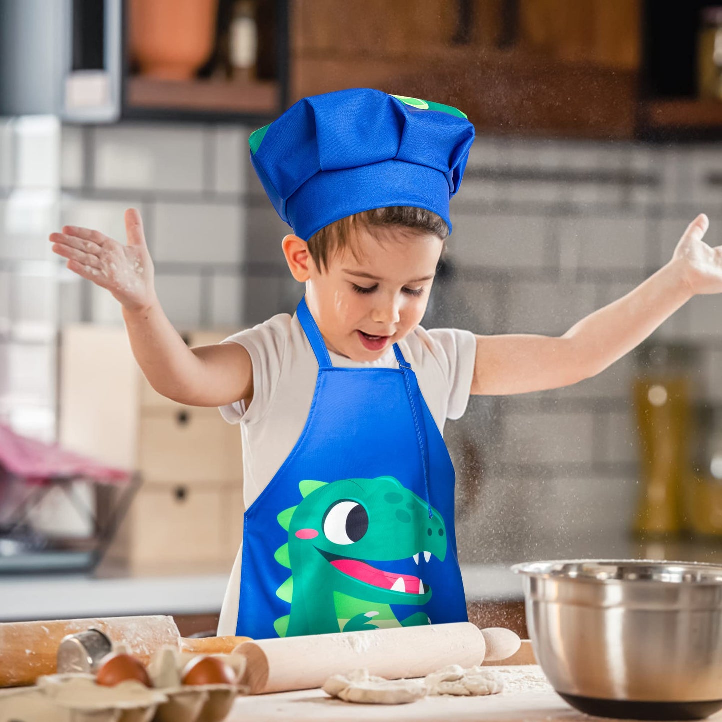 R HORSE Kids Aprons Chef Hat Sets Blue Cute Dinosaur Cooking Aprons Toddler Chef Hat Waterproof Art Painting Apron Boys Kitchen