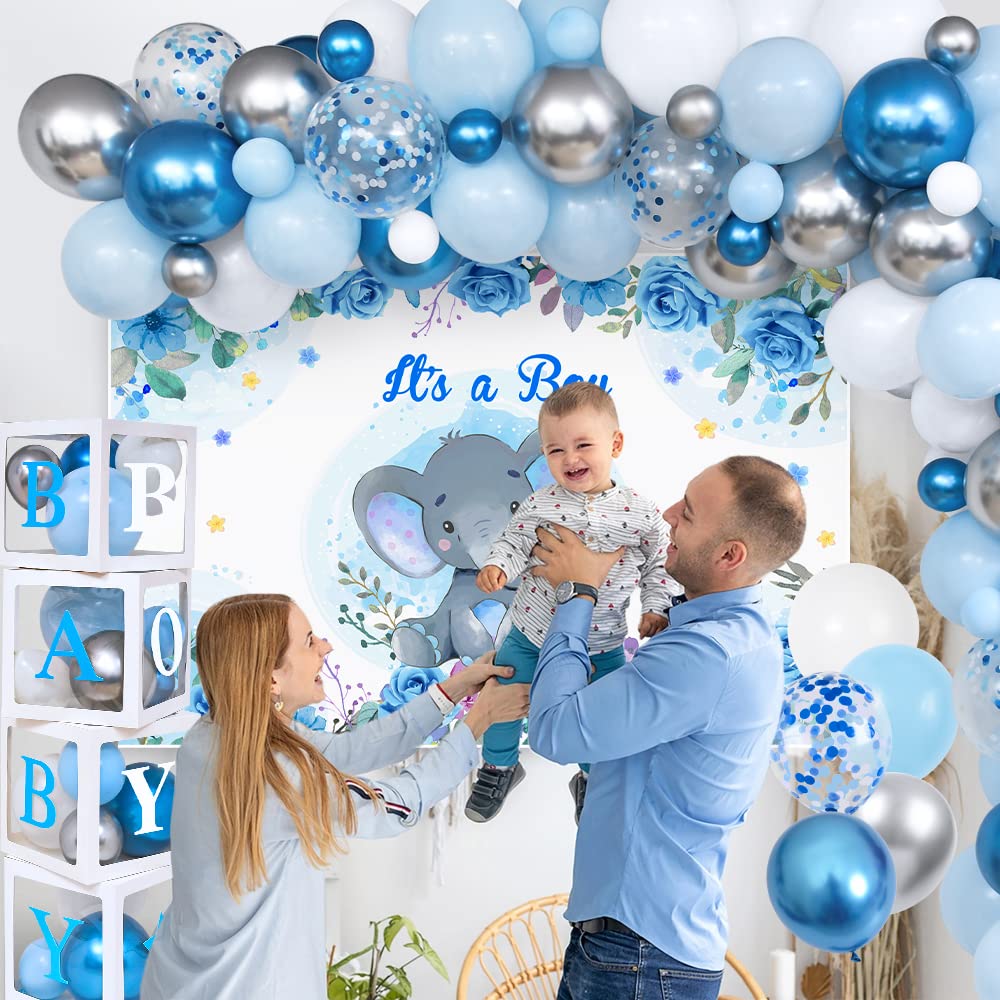 Golray 155Pcs Elephant Baby Shower Decorations For Boy Baby Boxes With Letters Blue Balloon Garland Kit It'S A Boy Backdrop Tablecloth Star Elephant Kid Birthday Party Supplies Baby Boy Shower Decor