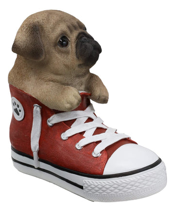 Ebros 'Paw-Star' Pups Lifelike Realistic Puppy Dog In Sneaker Chucks Shoe Statue Pedigree Breed Dogs Puppies Collectible Decor With Glass Eyes Pet Memorial Figurine (Fawn Pug)