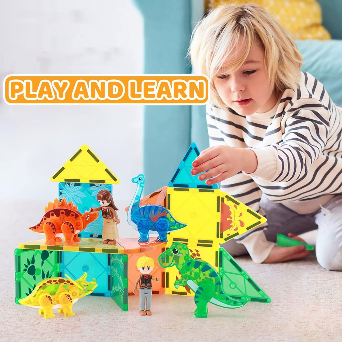 Hacocola Dinosaur Magnetic Tiles, Educational Magnet Tiles Building Block Toy Dino World, Learning Construction Magnetic Toys Se
