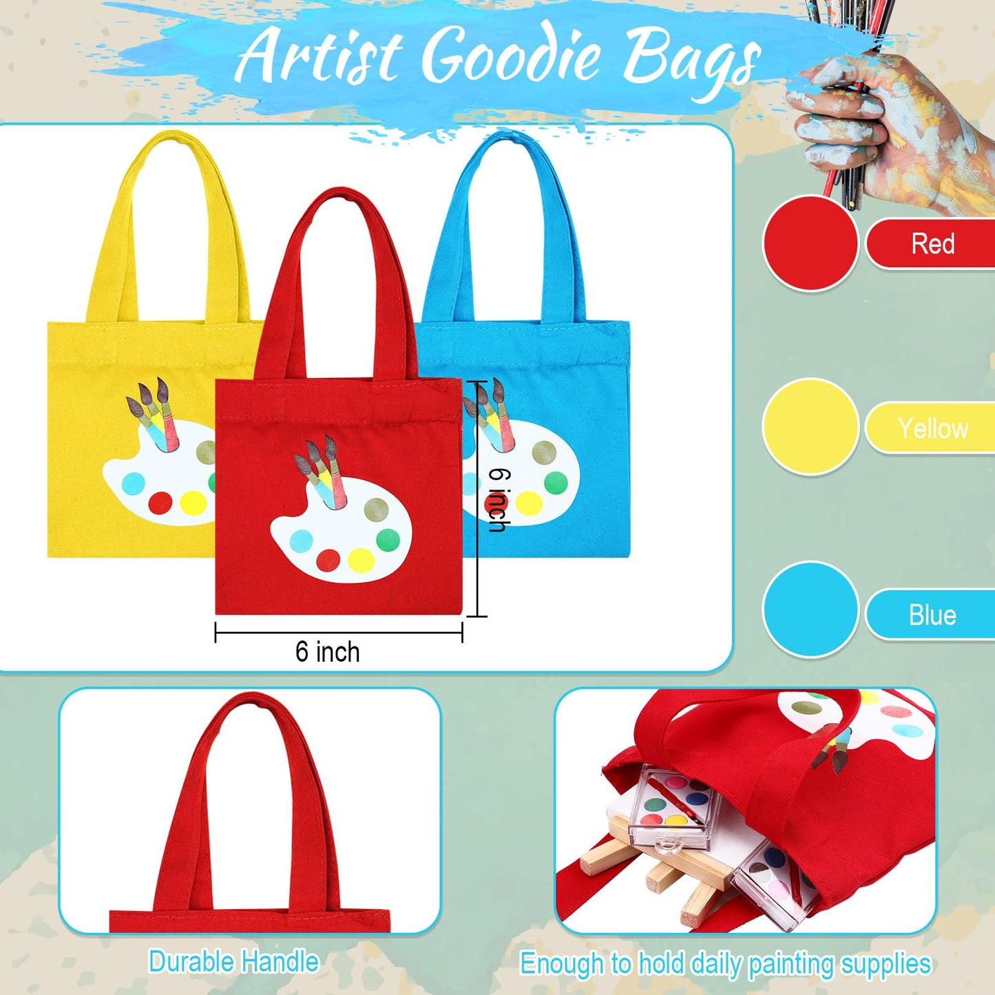 Zhengmy 24 Set Watercolor Paint Art Party Favors Mini Paint Sets Canvas Tote Bags Goodie Bags 3'' X 3'' Painting Canvas Panel Wi