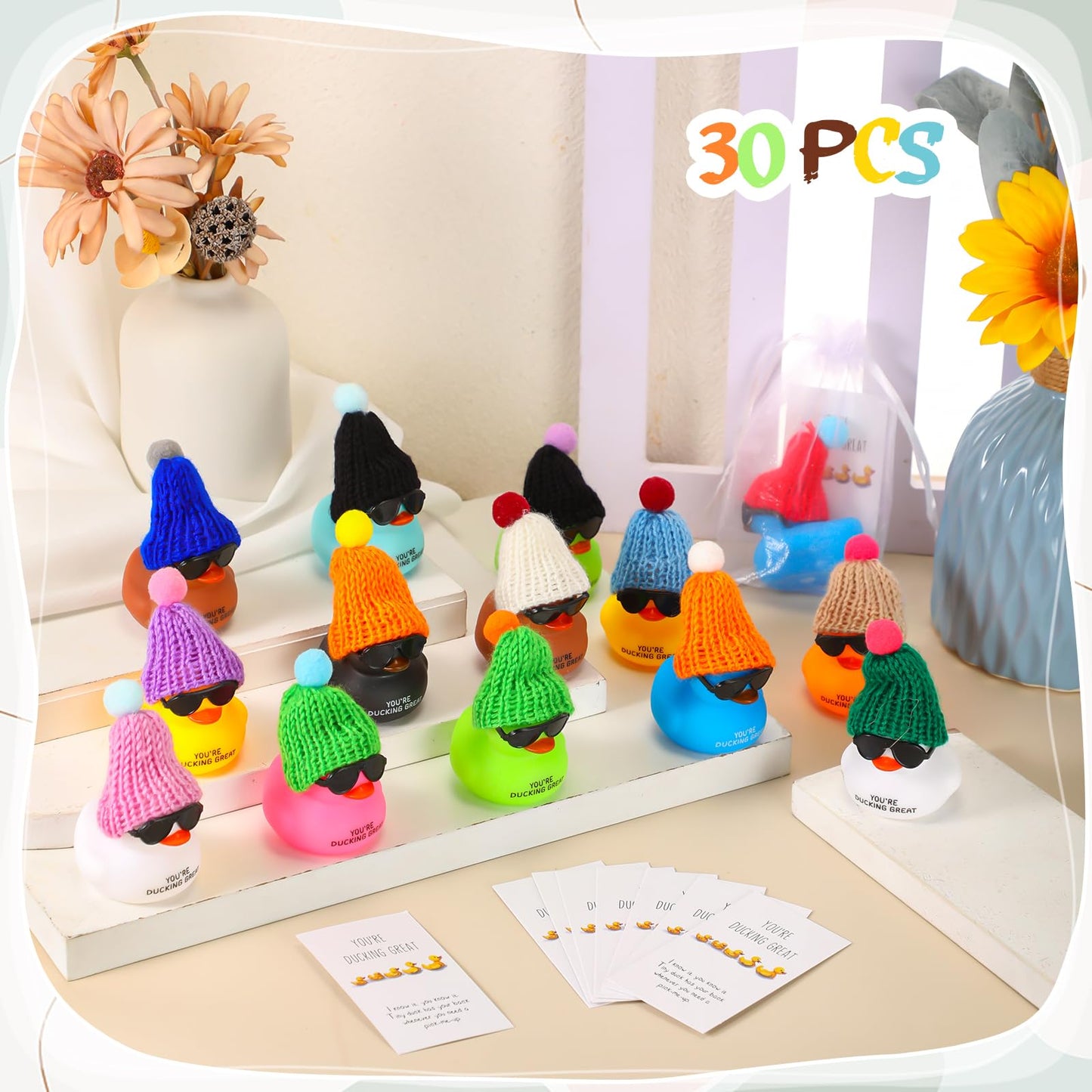 Deekin 30 Sets Thank You Gift You'Re Ducking Great Motivational Cards Mini Colorful Rubber Ducks With Glasses Hats With Card Organza Bags Bulk Toy For Cruises Students Coworkers Baby Shower