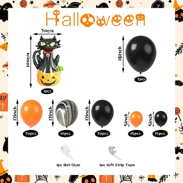 Halloween Balloon Garland Arch Kit, Black Orange Balloon Arch Garland Kit With Foil Cat Pumpkin Balloon And Marble Balloons For Halloween Birthday Anniversary Engagement Graduation Party Decorations