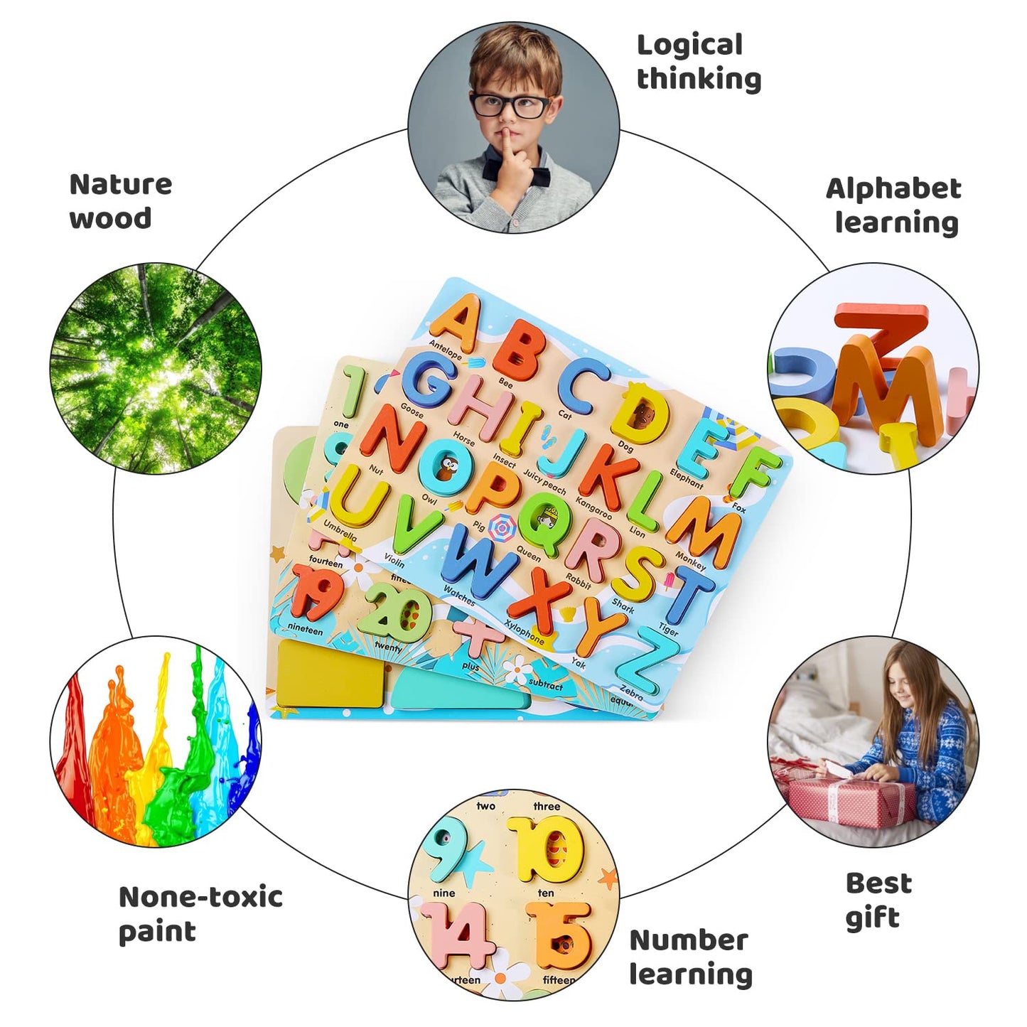 Wooden Puzzles For Toddlers, Voamuw Alphabet Number Shape Learning Education Preschool Toys For Kids Ages 3-6 Years Old (Set Of