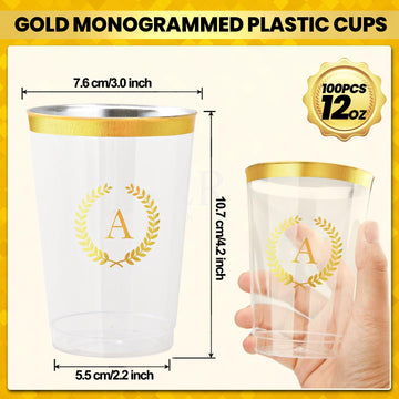 Datyiiha 100 Pieces Monogrammed Plastic Cups Gold Foil Letter H Disposable Cups 12 Oz Clear Initial Party Cups For Wedding Birth